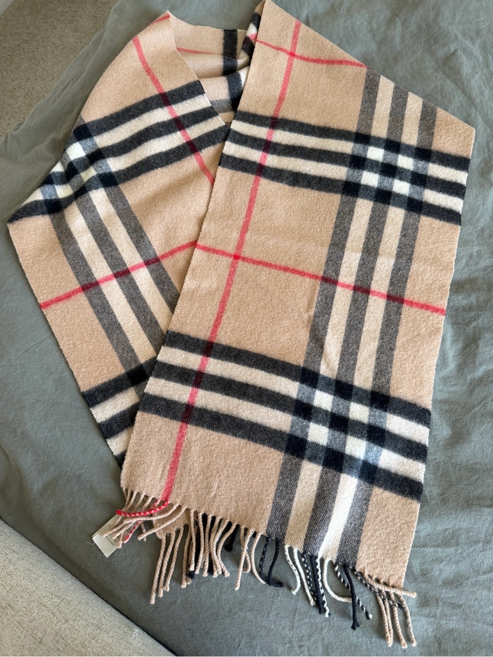 Burberry Camel Plaid Fringed Wool Scarf